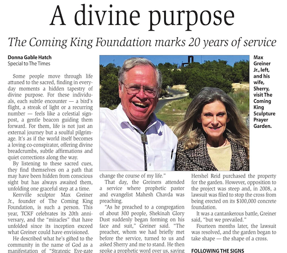 Read: "A Divine Purpose" Kerrville Daily Times News Article
