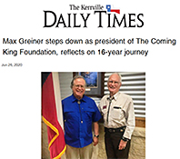 Kerrville Daily Times article announcing Max Greiner's resignation as foundation president, with a photograph of two men