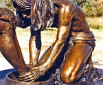 Detail of Jesus' hands, robe and the foot-washing basin