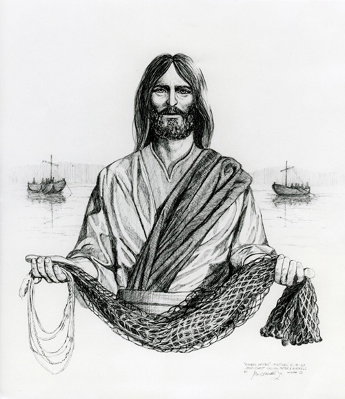 Pencil concept drawing for Fisher of Men®, showing Jesus holding a fishing net