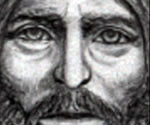 Close-up of the drawn eyes, nose and beard in the Fisher of Men® design