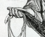 Drawing detail of the other hand holding the fishing net and rope
