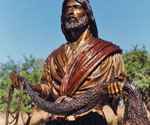 Upper-body view of Fisher of Men® holding the fishing net outdoors