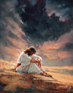 Painting of a white-robed figure embracing a person beneath a dramatic sky