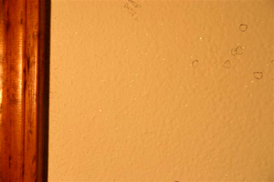 Close-up of small reflective specks on a bathroom wall