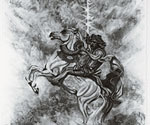 Concept drawing of a crowned rider on a rearing horse amid swirling clouds