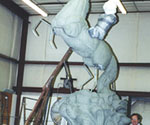 Front view of the raised horse armature with the rider beginning to take shape