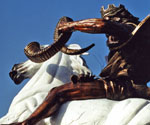 Close view of the rider's extended arm and curled scroll