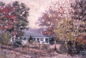 Painting of a farmhouse among flowering trees